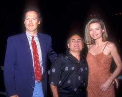 Michael Keaton, Danny DeVito and Michelle Pfeiffer at World Premiere of "Batman Returns" at Mann's Chinese Theatre in Hollywood, California on June 16, 1992 (Photo by Barry King/WireImage)